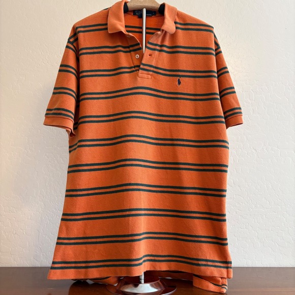 VTG Polo Ralph Lauren Striped Polo‎ Shirt Mens L Orange Green Soft Mesh Cotton - Picture 1 of 10